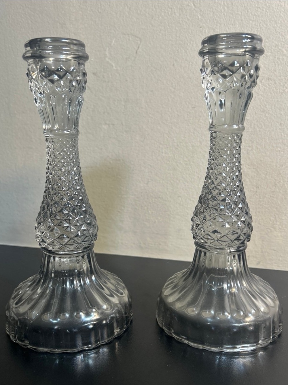 1 PAIR of Pottery Barn Smoky Grey Pressed Glass Candlesticks Set Vintage Look